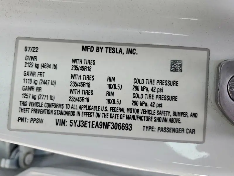 2022 TESLA MODEL 3   