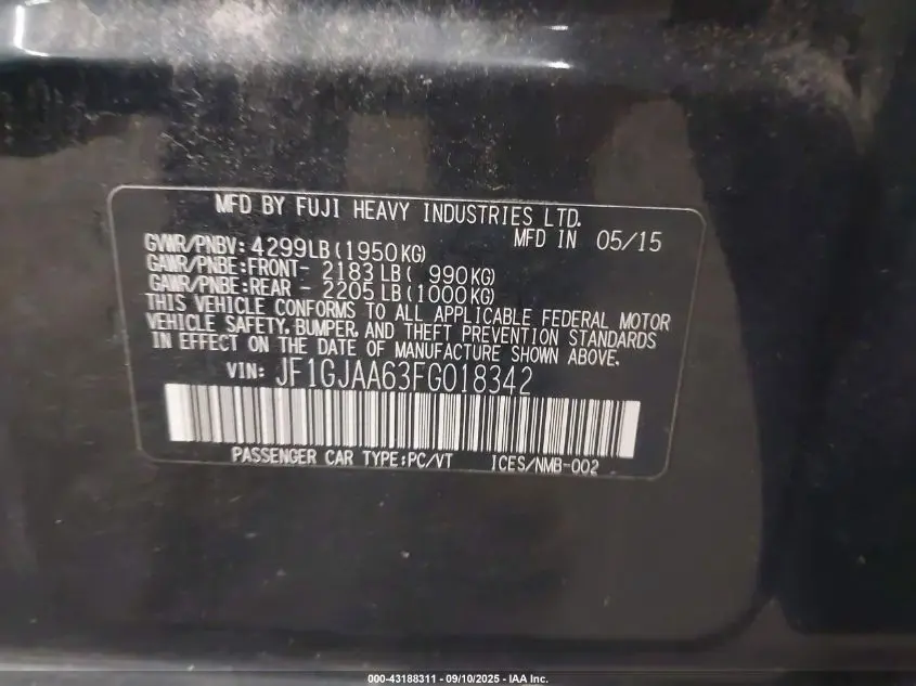 2015 SUBARU IMPREZA 2.0I