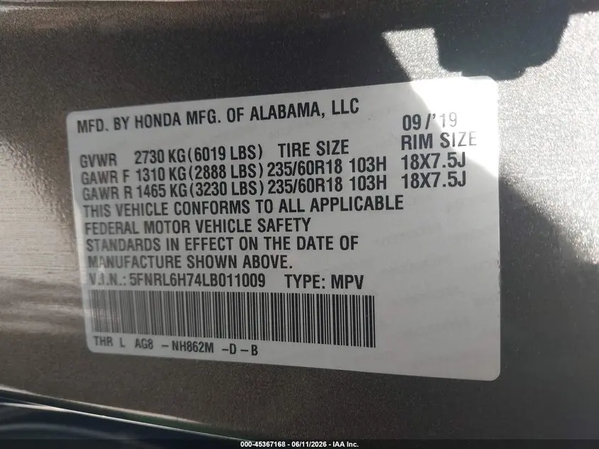 2020 HONDA ODYSSEY EX-L/EX-L W/NAVI   RES