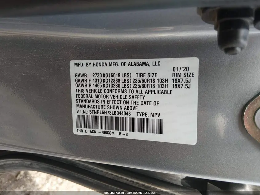 2020 HONDA ODYSSEY EX-L/EX-L W/NAVI   RES