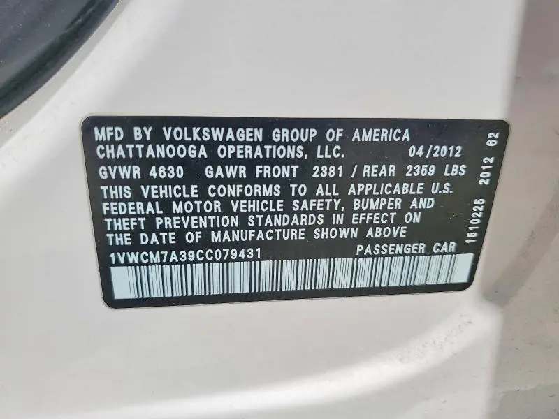 2012 VOLKSWAGEN PASSAT SEL  