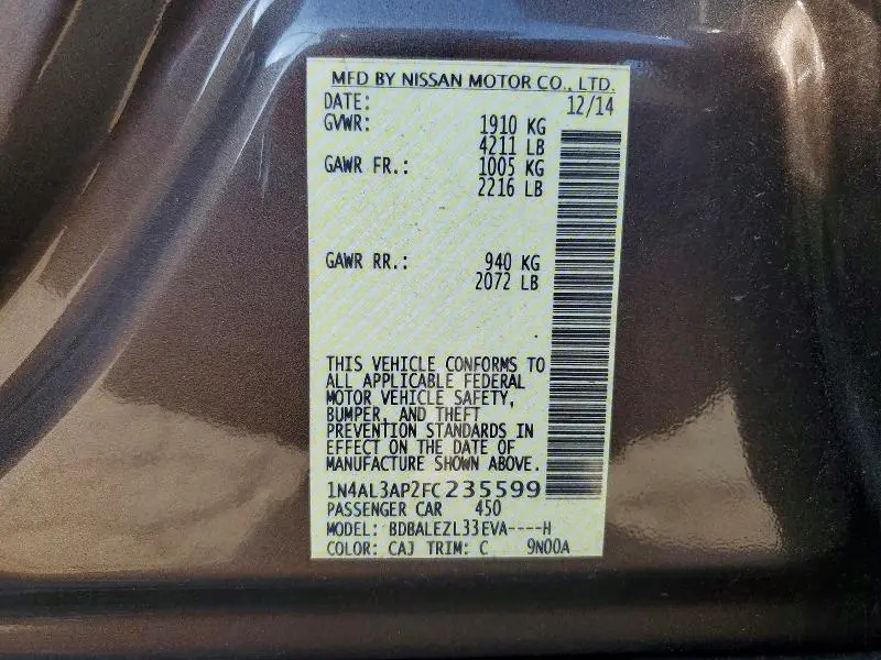 2015 NISSAN ALTIMA 2.5 S  