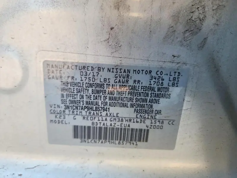 2017 NISSAN VERSA 1.6 S PLUS  