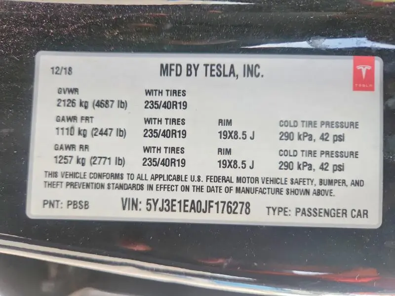 2018 TESLA MODEL 3   