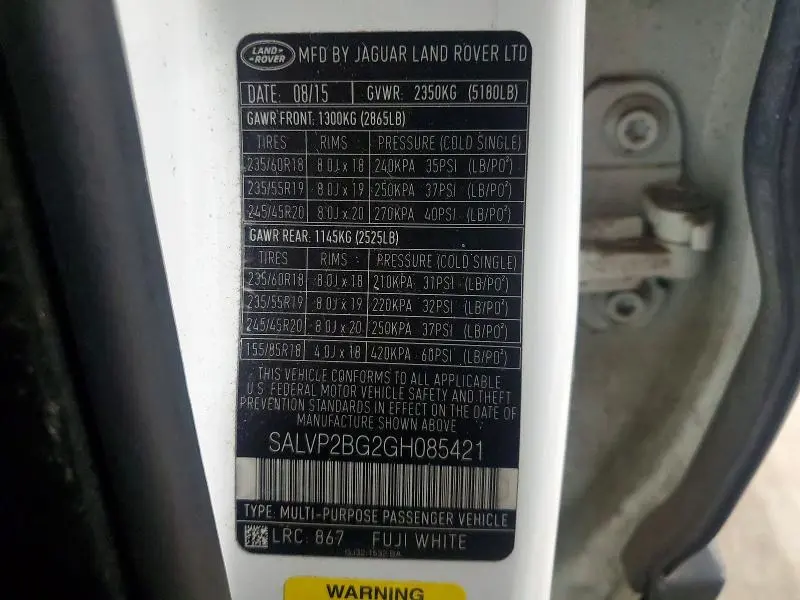 2016 LAND ROVER RANGE ROVER EVOQUE SE  