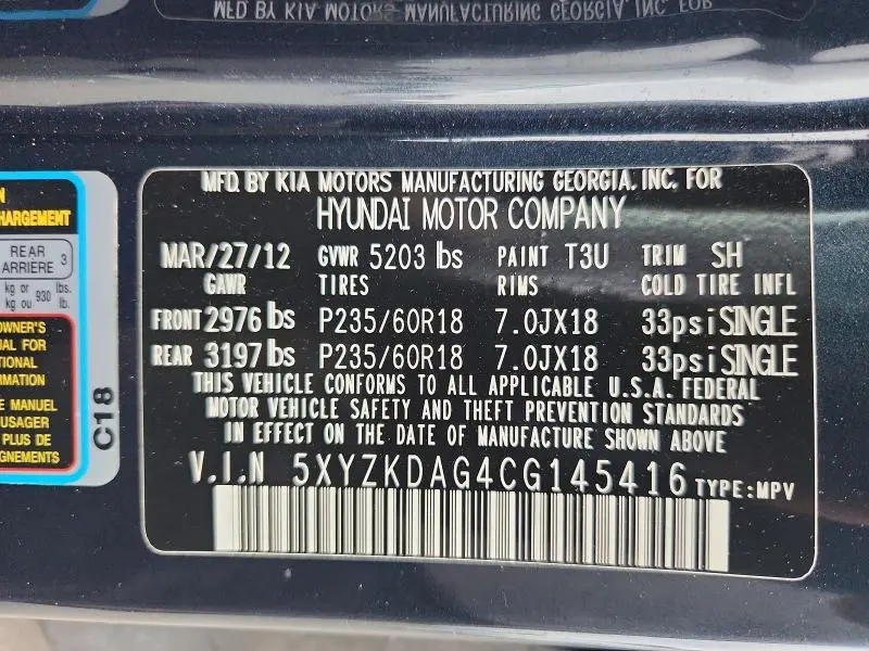 2012 HYUNDAI SANTA FE LIMITED  