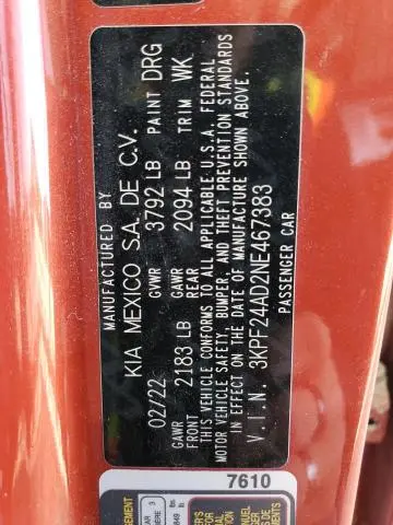 2022 KIA FORTE FE  