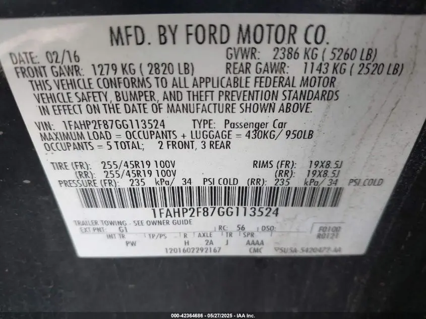 2016 FORD TAURUS LIMITED