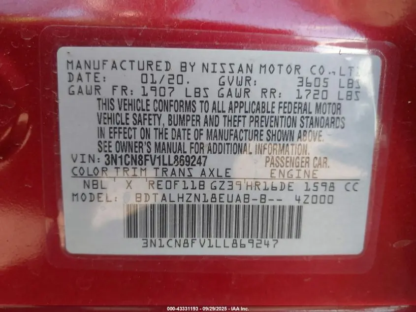 2020 NISSAN VERSA SR XTRONIC CVT