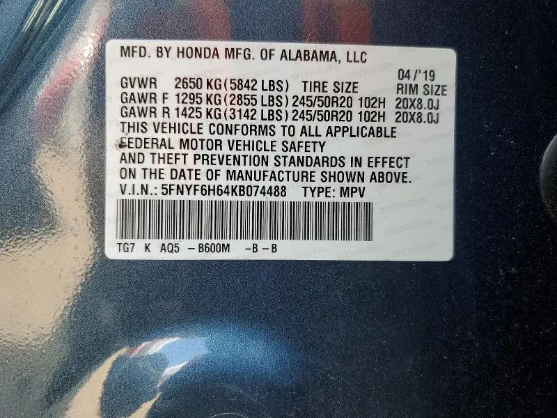 2019 HONDA PILOT TOURING  