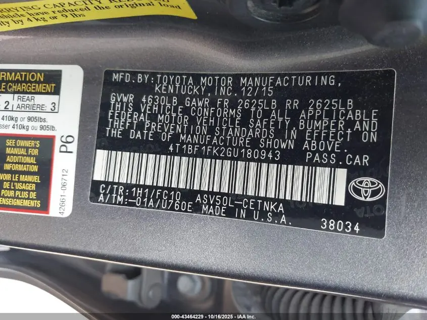 2016 TOYOTA CAMRY LE