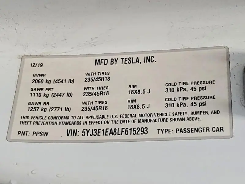 2020 TESLA MODEL 3   