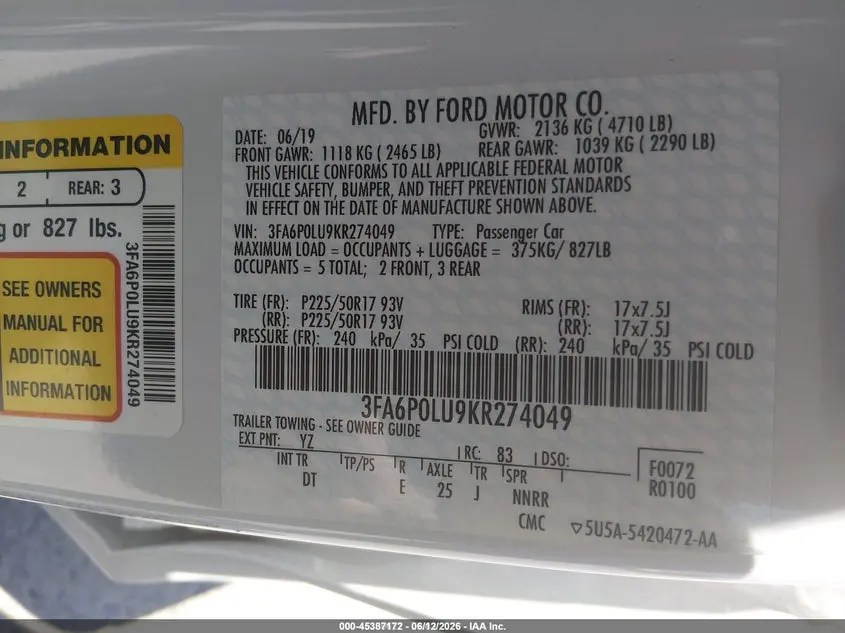 2019 FORD FUSION HYBRID SE