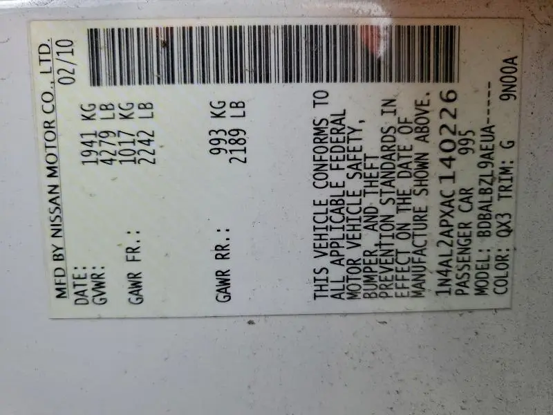 2010 NISSAN ALTIMA BASE  