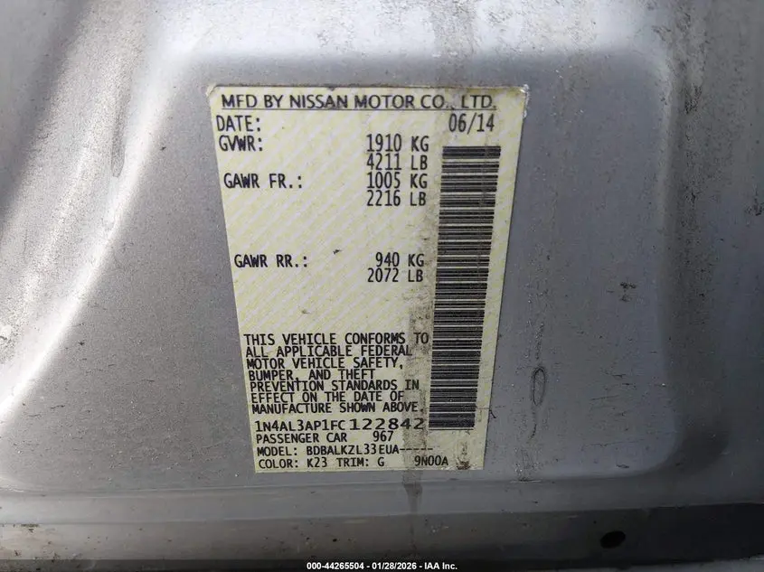 2015 NISSAN ALTIMA 2.5 SV