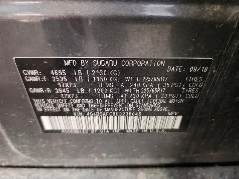 2019 SUBARU OUTBACK 2.5I PREMIUM  