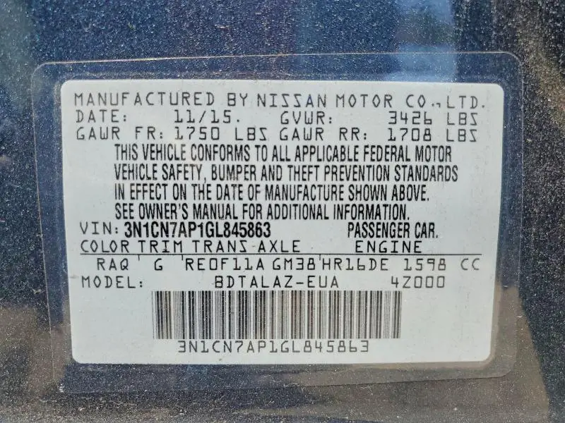 2016 NISSAN VERSA 1.6 S PLUS  