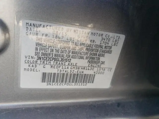 2016 NISSAN VERSA NOTE S  