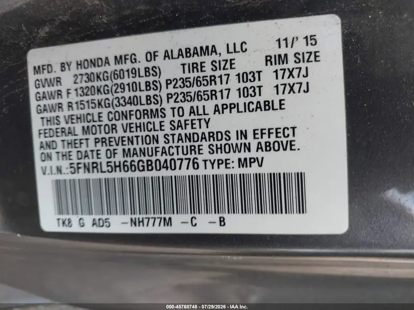 2016 HONDA ODYSSEY EX-L