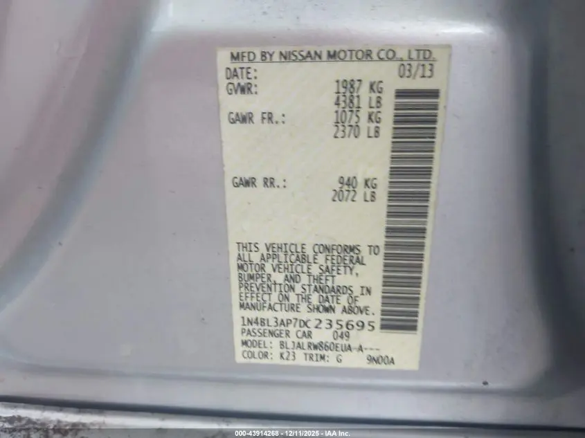 2013 NISSAN ALTIMA 3.5 S