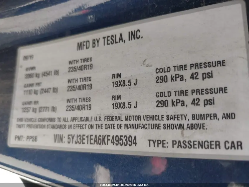 2019 TESLA MODEL 3 LONG RANGE/MID RANGE/STANDARD RANGE/STANDARD RANGE PLUS