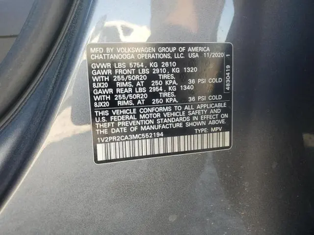 2021 VOLKSWAGEN ATLAS SE  