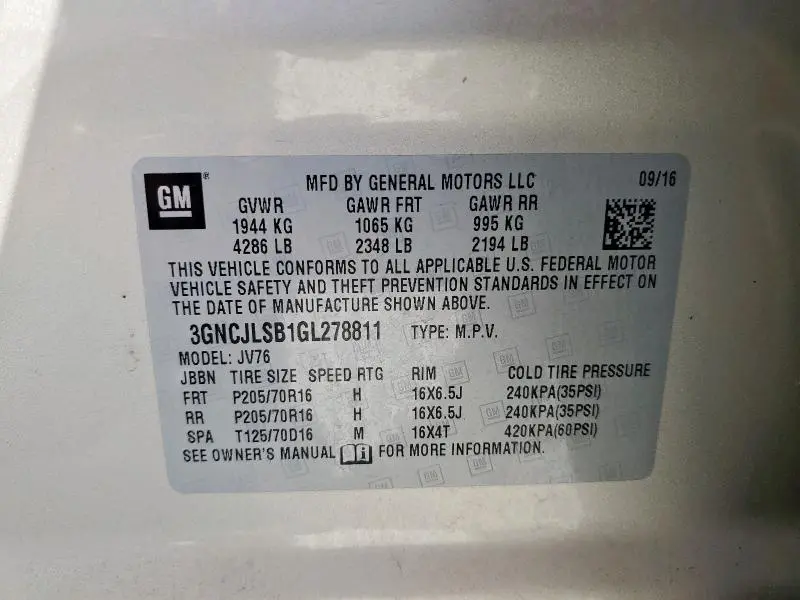 2016 CHEVROLET TRAX 1LT  