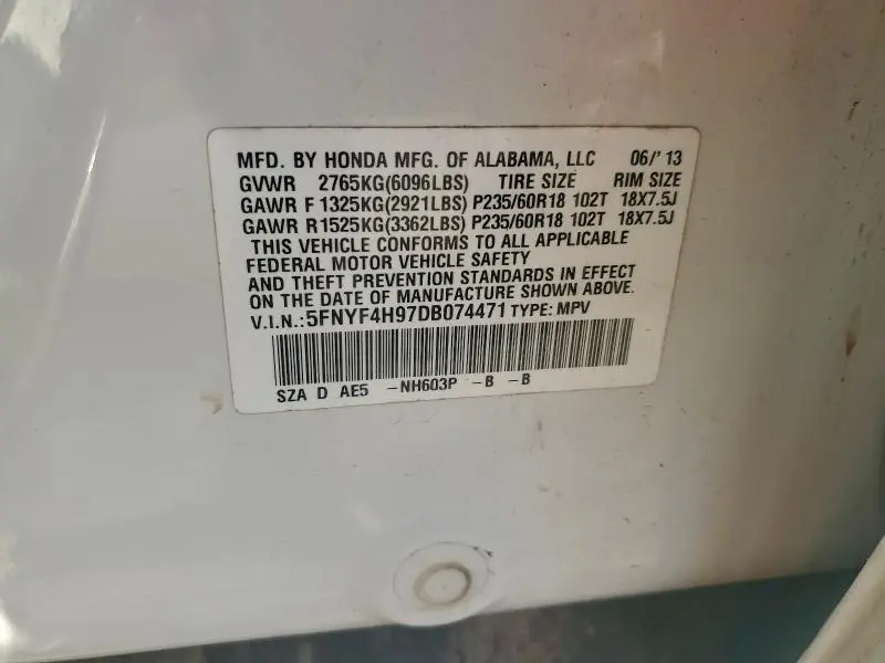 2013 HONDA PILOT TOURING  