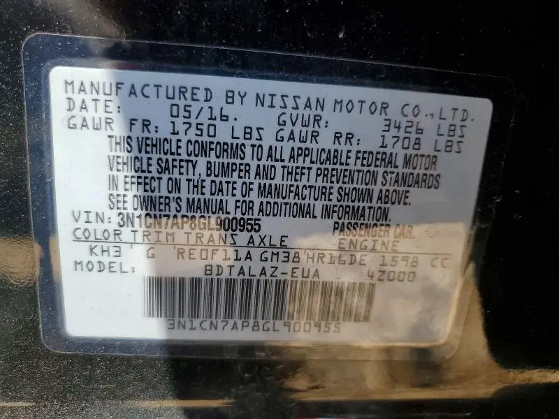 2016 NISSAN VERSA 1.6 S PLUS  