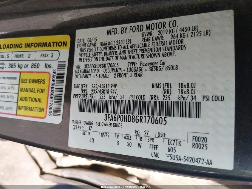 2016 FORD FUSION SE