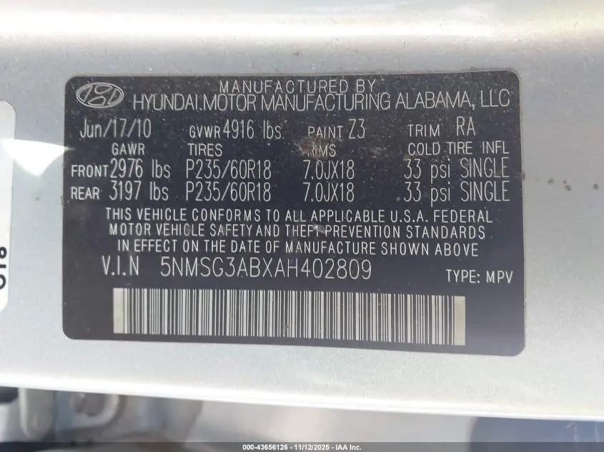 2010 HYUNDAI SANTA FE GLS