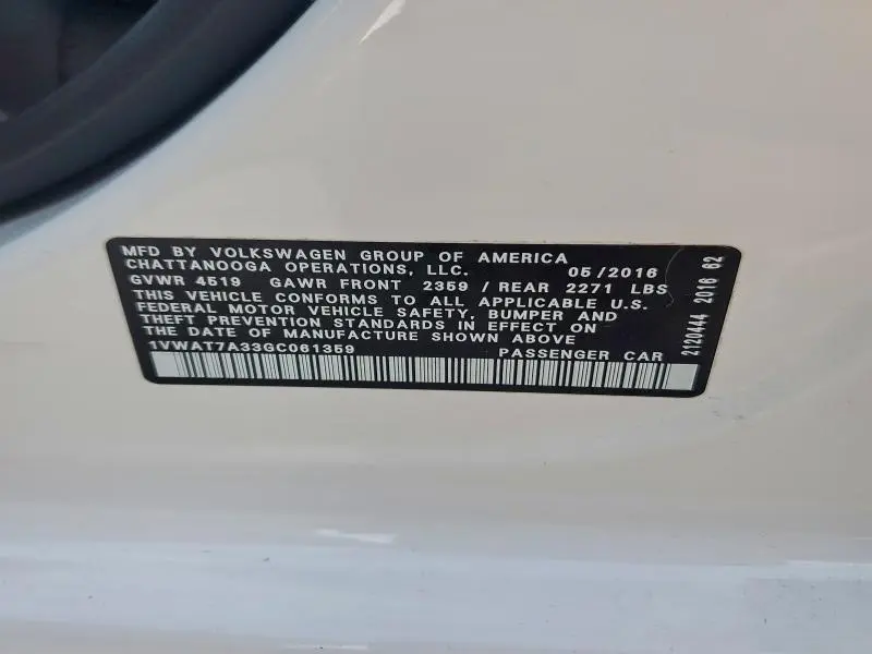 2016 VOLKSWAGEN PASSAT S  