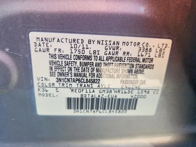 2012 NISSAN VERSA 1.6 S  
