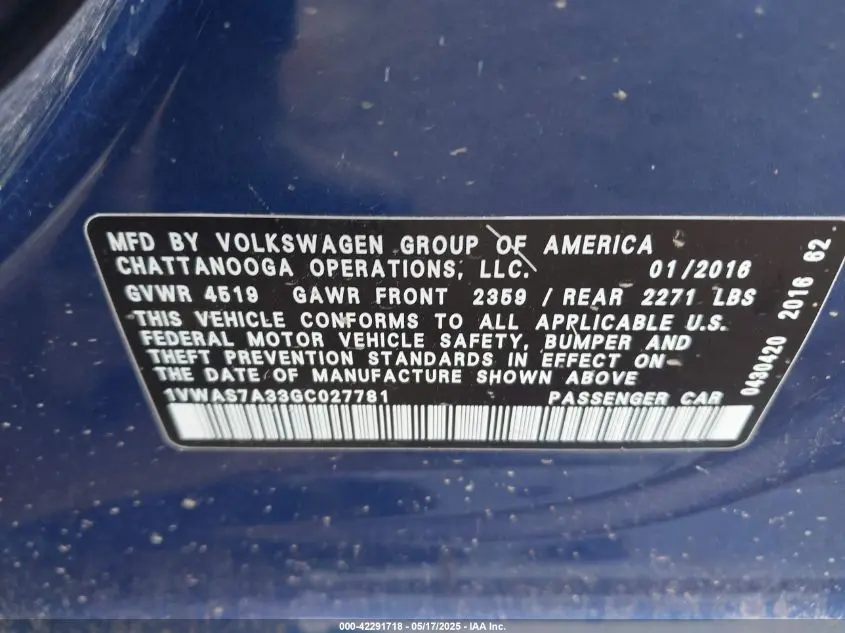 2016 VOLKSWAGEN PASSAT 1.8T S