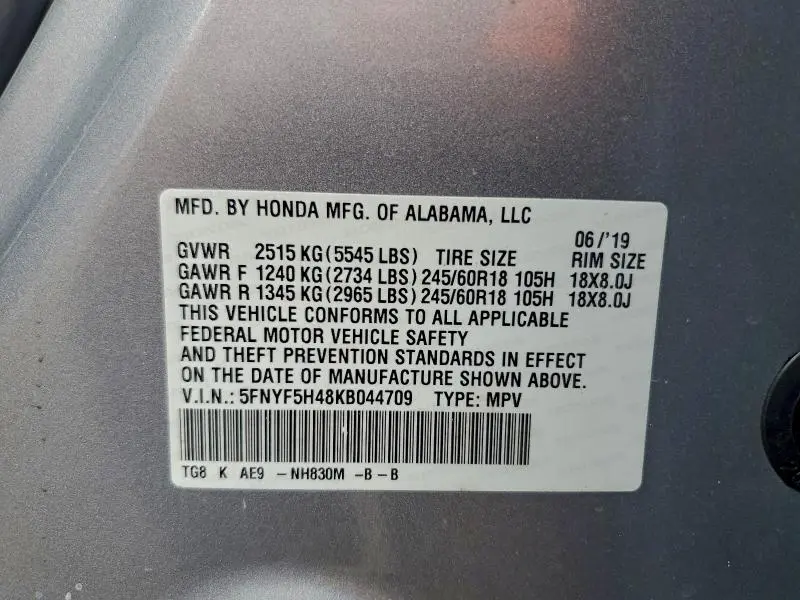2019 HONDA PILOT EXL  