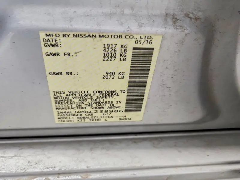 2016 NISSAN ALTIMA 2.5 S  