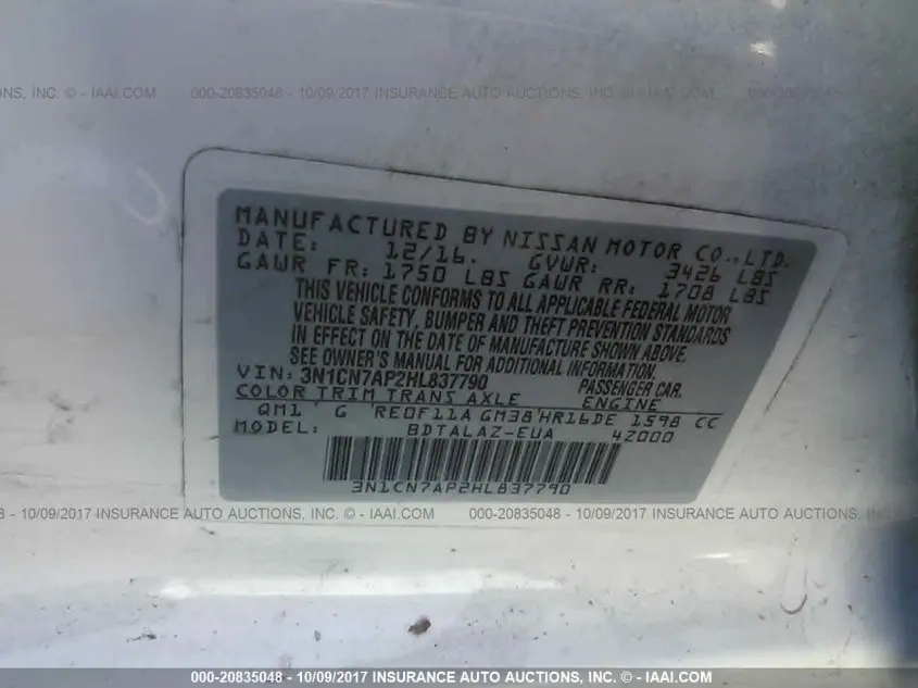 2017 NISSAN VERSA 1.6 S+