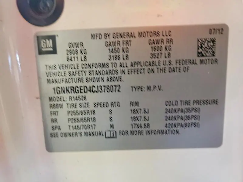 2012 CHEVROLET TRAVERSE LT  