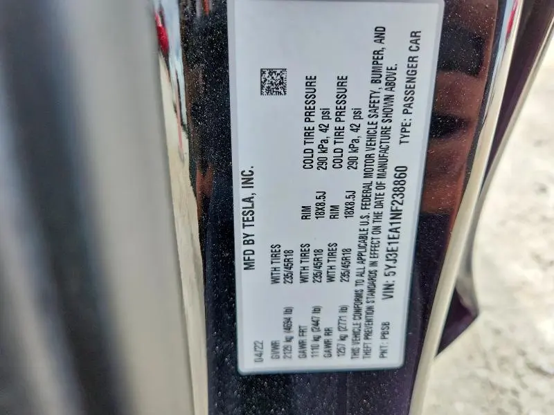 2022 TESLA MODEL 3   