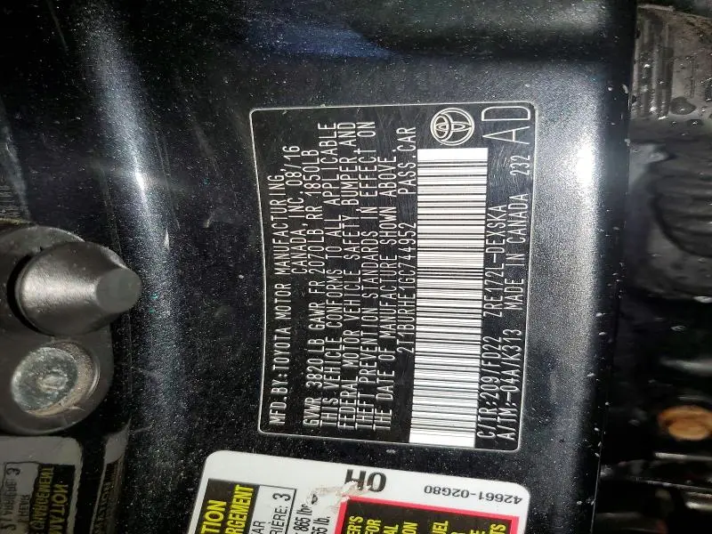 2016 TOYOTA COROLLA L  