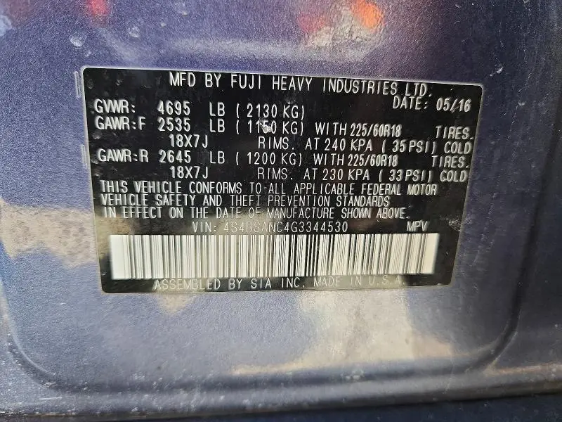 2016 SUBARU OUTBACK 2.5I LIMITED  