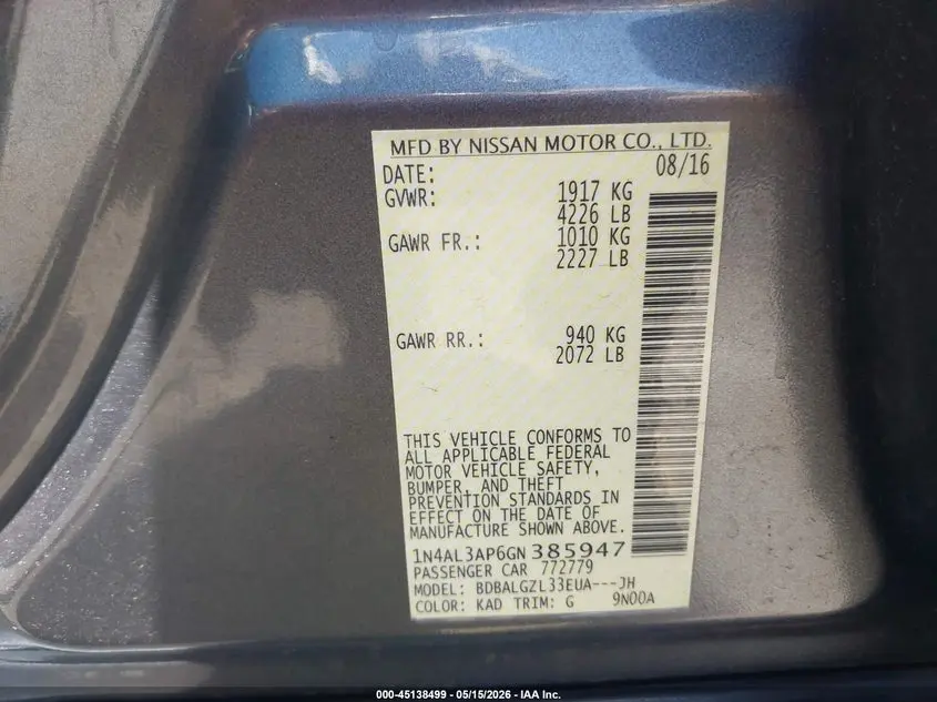 2016 NISSAN ALTIMA 2.5 S