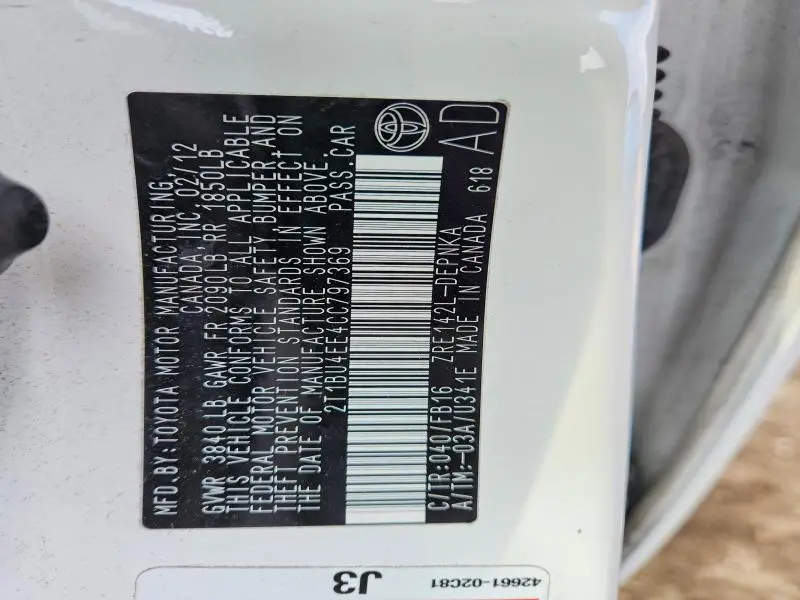 2012 TOYOTA COROLLA BASE  