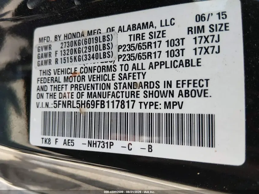 2015 HONDA ODYSSEY EX-L