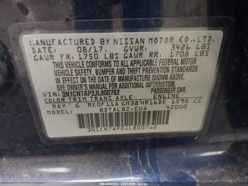 2018 NISSAN VERSA 1.6 SV