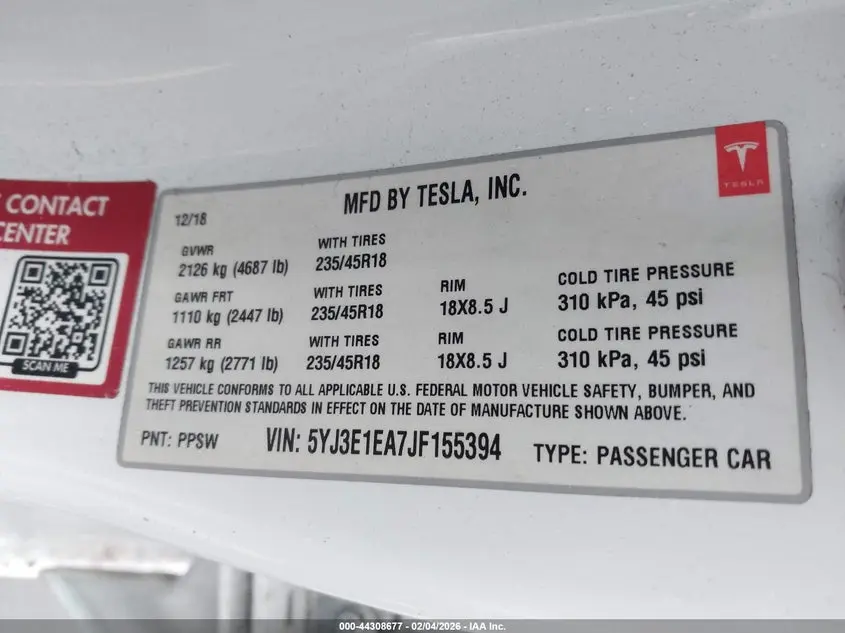 2018 TESLA MODEL 3 LONG RANGE/MID RANGE