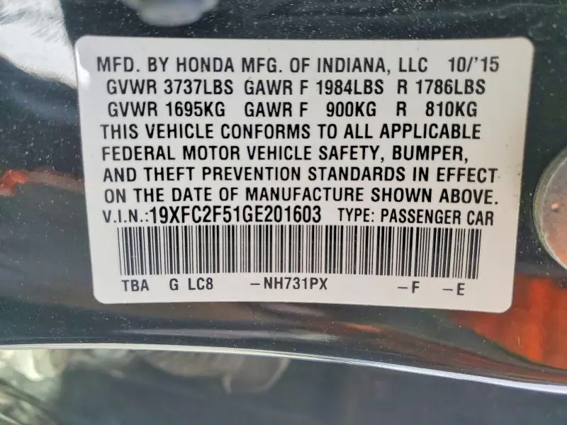 2016 HONDA CIVIC LX  