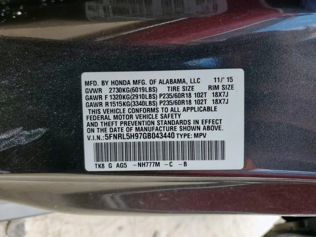 2016 HONDA ODYSSEY TOURING  