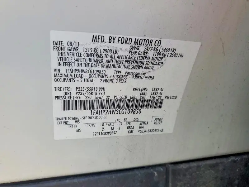2012 FORD TAURUS SEL  