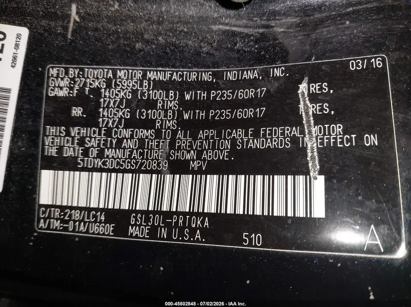 2016 TOYOTA SIENNA XLE 8 PASSENGER